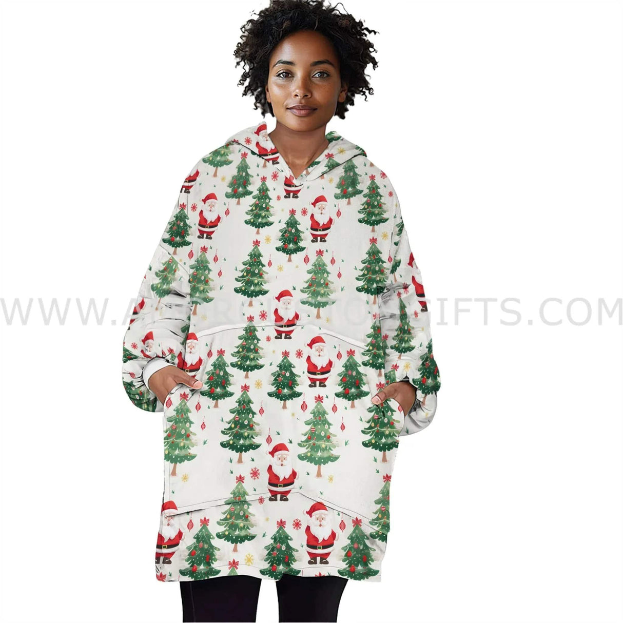 Personalized Santa With Xmas Tree Snug Oversized Wearable Hoodie Blanket