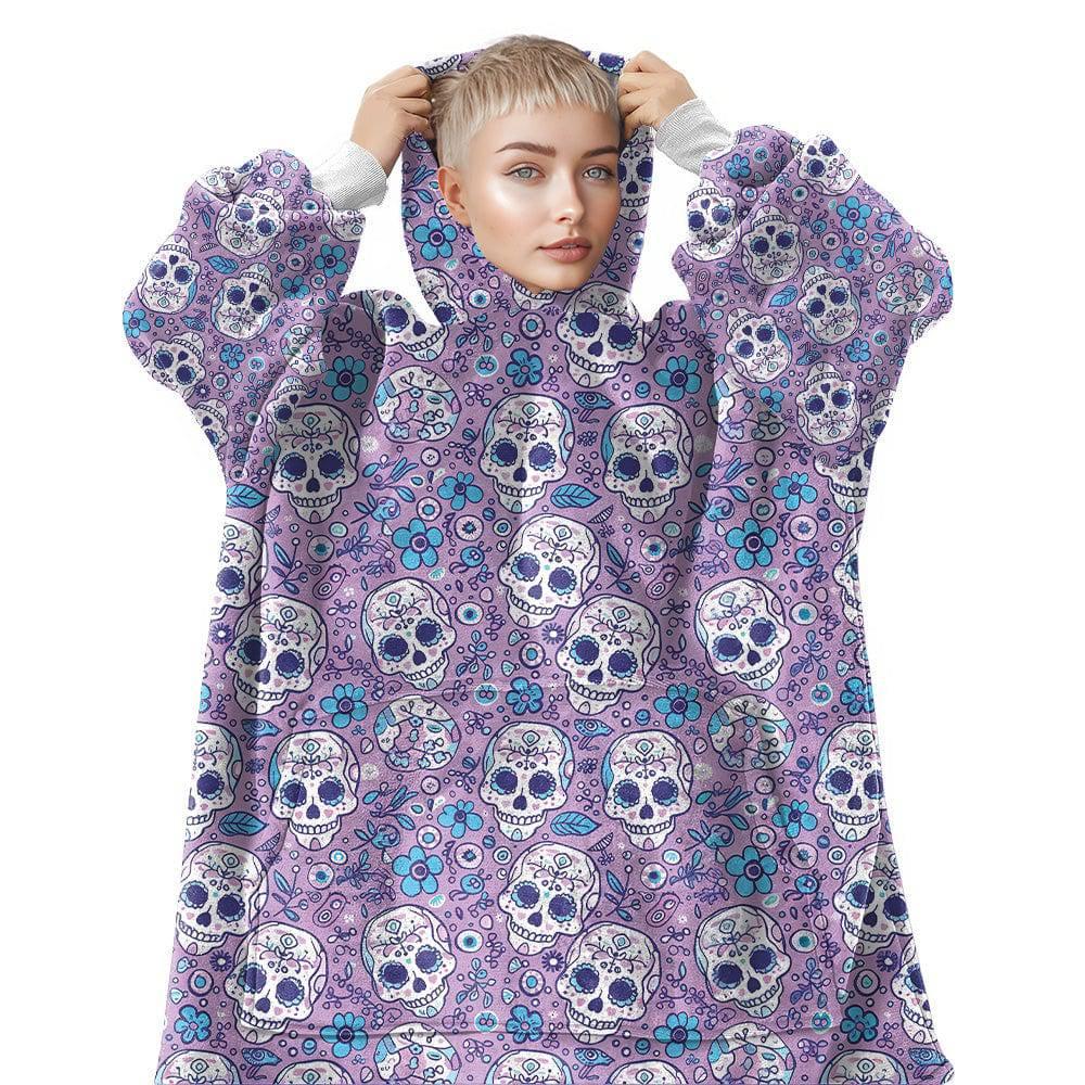 Personalized Skull Floral Purple Snug Oversized Wearable Hoodie Blanket