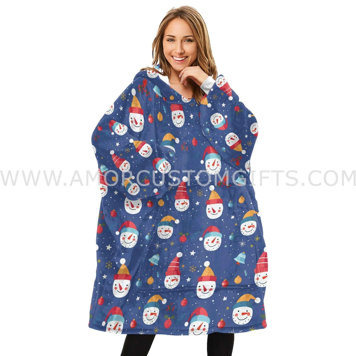 Personalized Snowman Face Funny Snug Oversized Wearable Hoodie Blanket