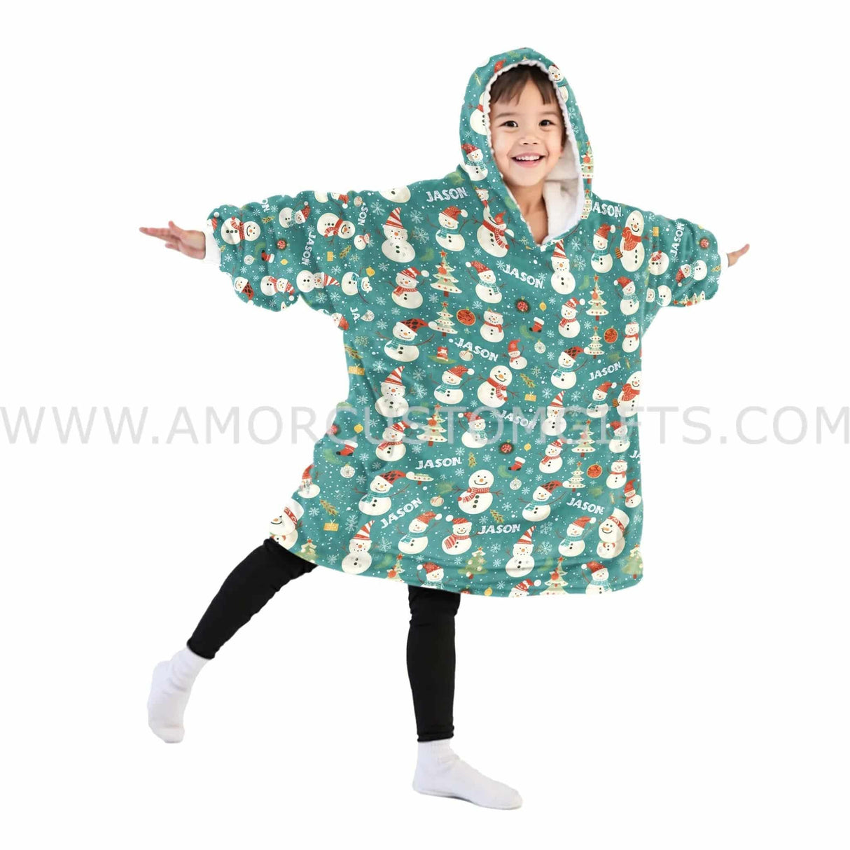 Personalized Snowman Mint Snug Oversized Wearable Hoodie Blanket