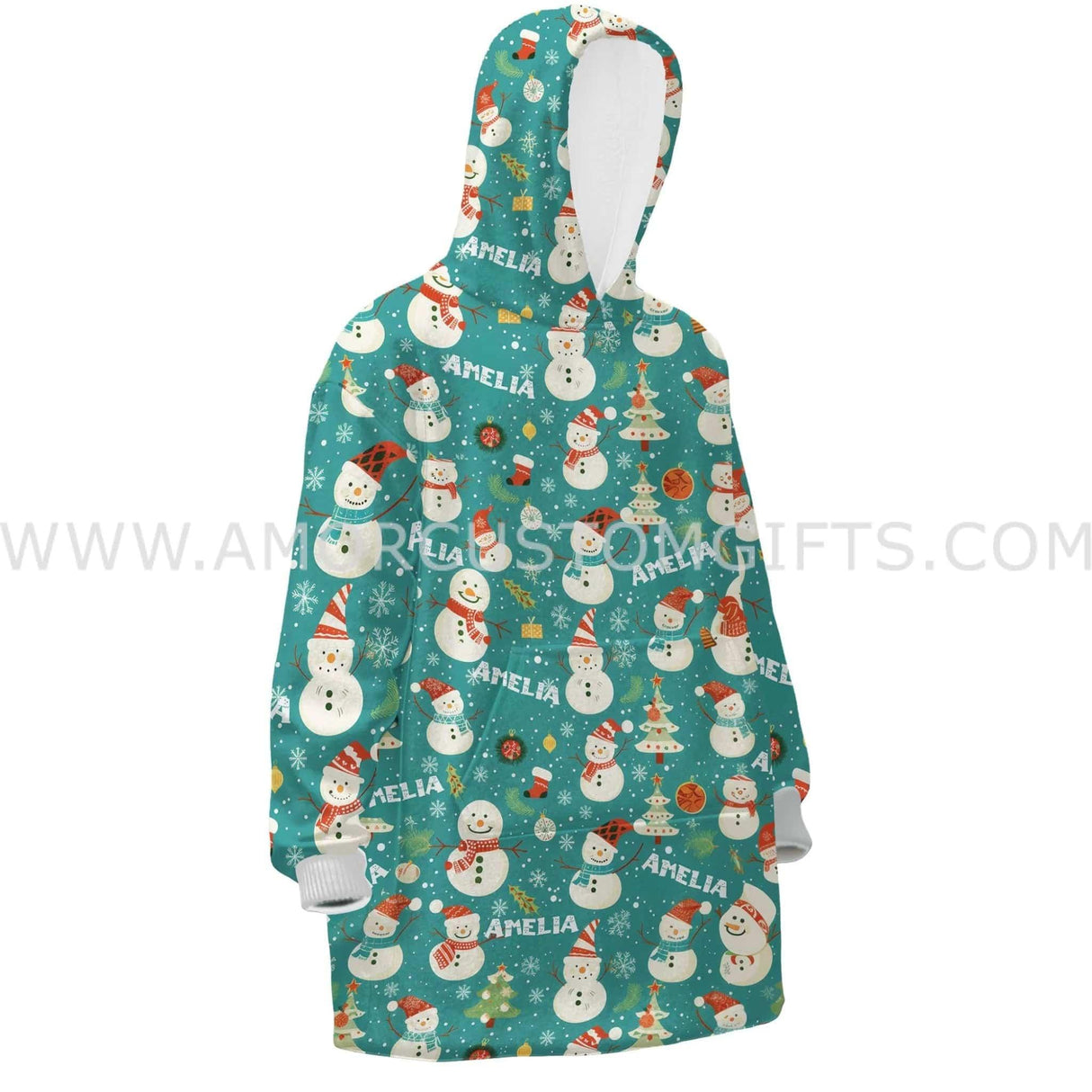 Personalized Snowman Mint Snug Oversized Wearable Hoodie Blanket