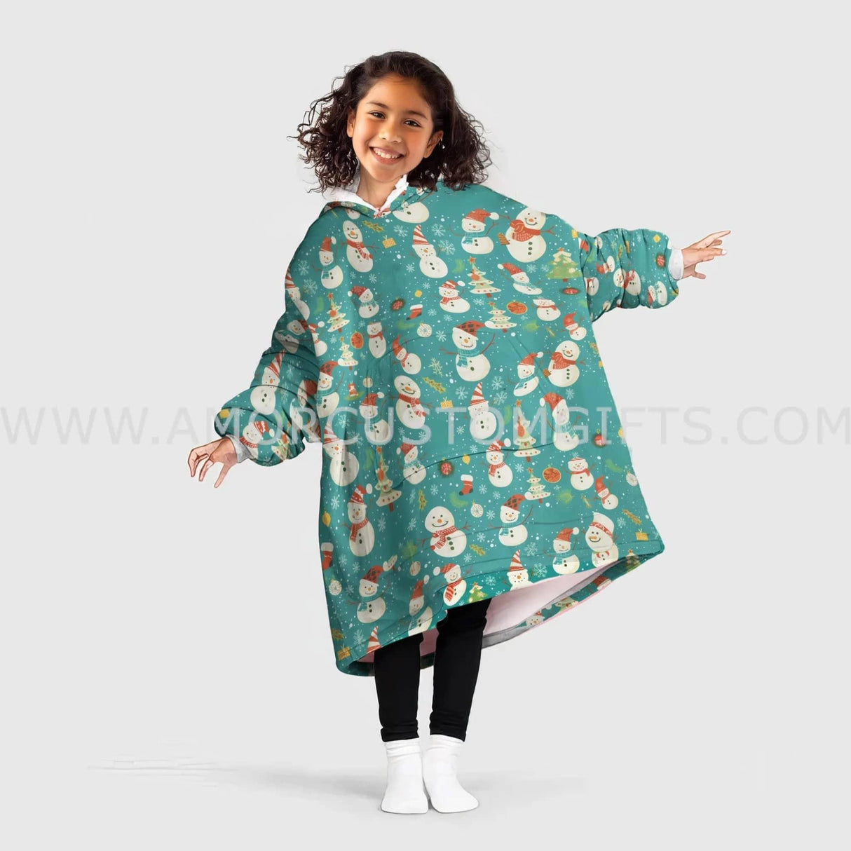 Personalized Snowman Mint Snug Oversized Wearable Hoodie Blanket