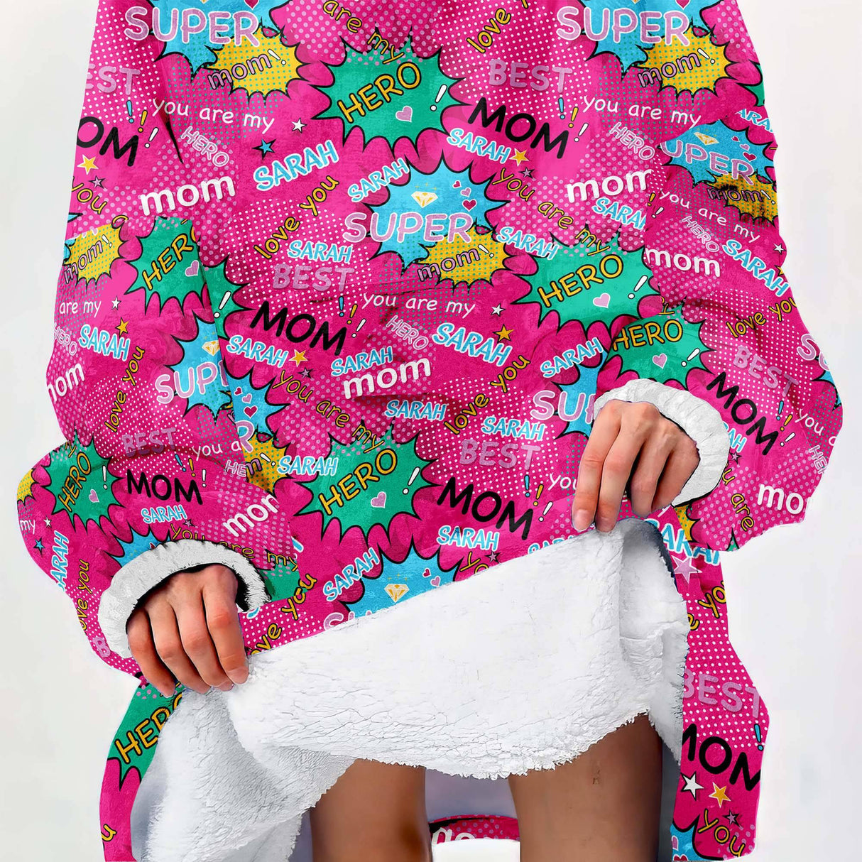 Personalized Super Mom Pop Art, Comic Style Pink Snug Oversized Wearable Hoodie Blanket