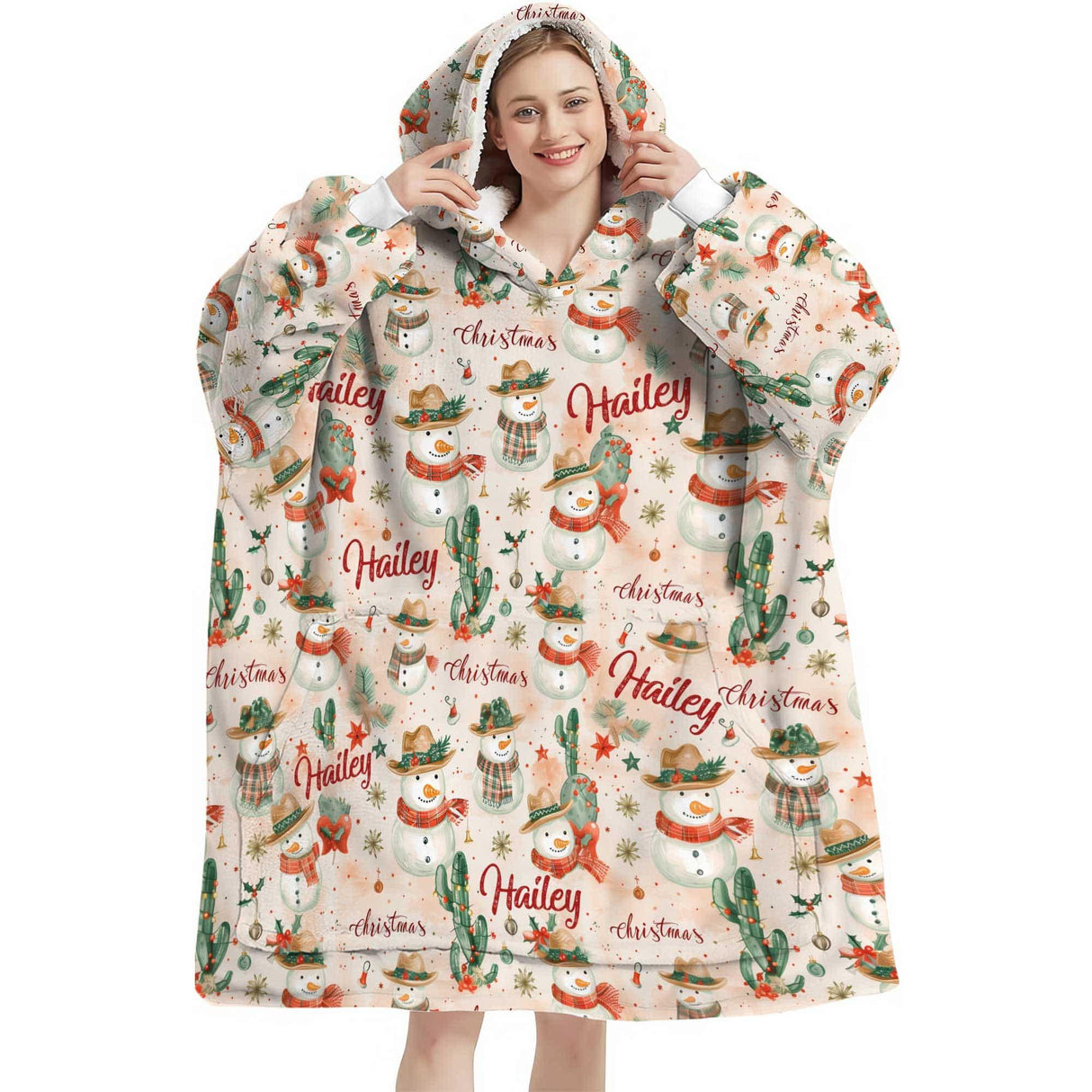 Personalized Western Christmas Cowboy Snowman Snug Oversized Wearable Hoodie Blanket