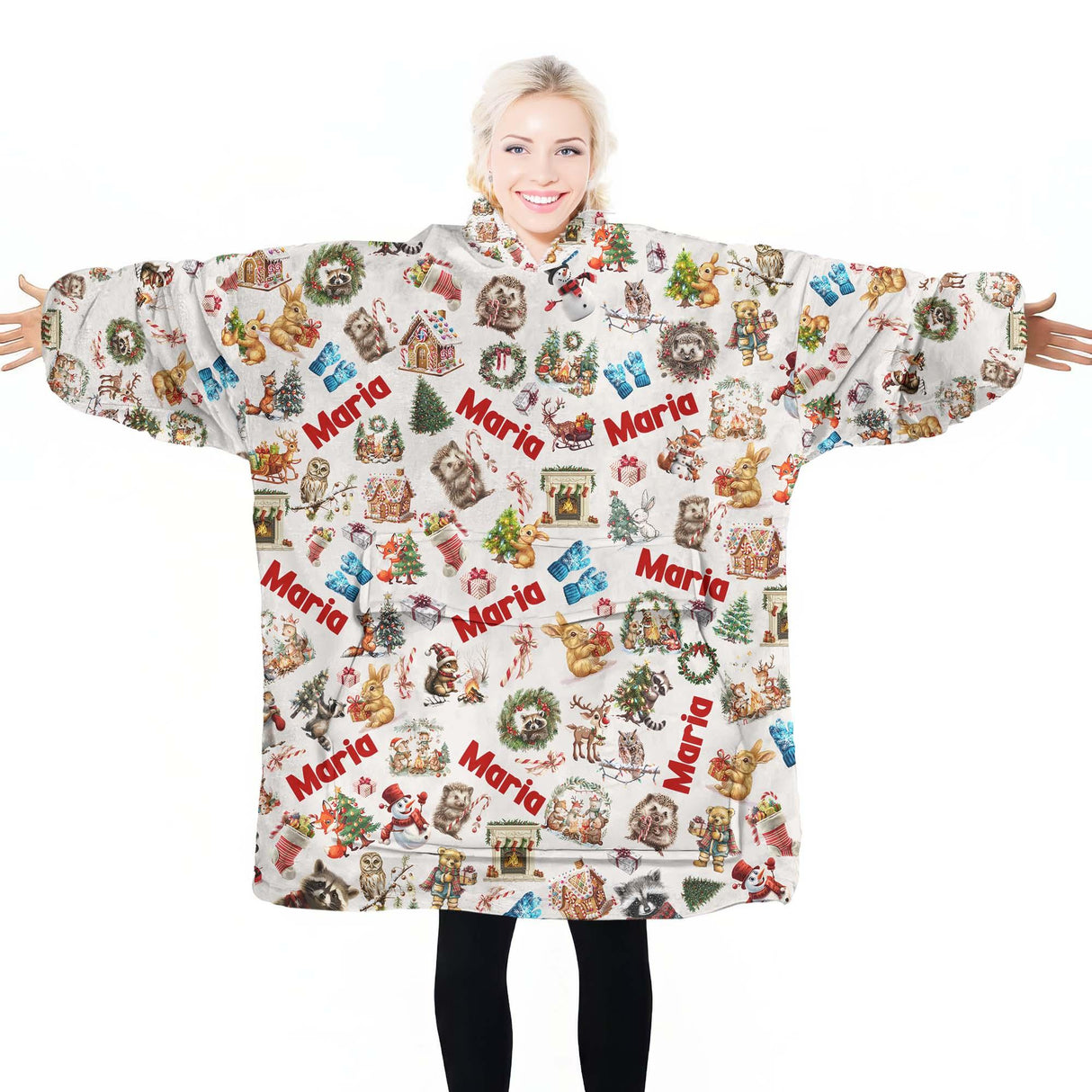 Personalized Woodland Christmas Winter Animals Snug Oversized Wearable Hoodie Blanket