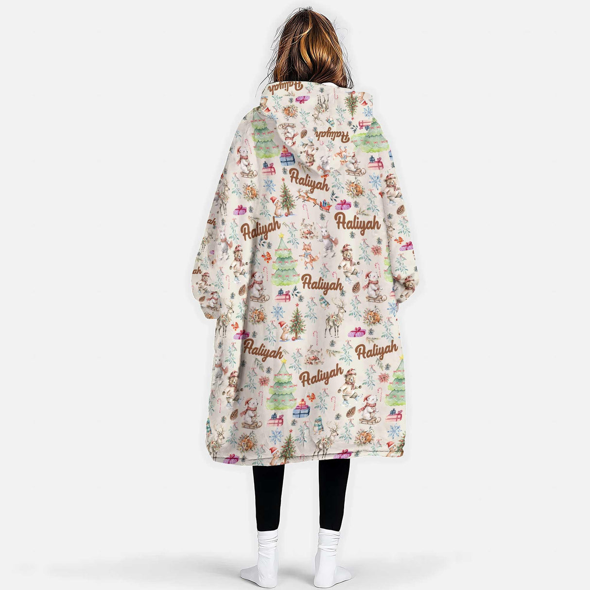 Personalized Woodland Christmas Winter Animals Snug Oversized Wearable Hoodie Blanket