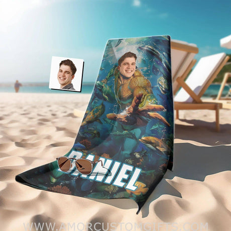 Personalized Aqua Boy Around Sea Animal Photo Beach Towel