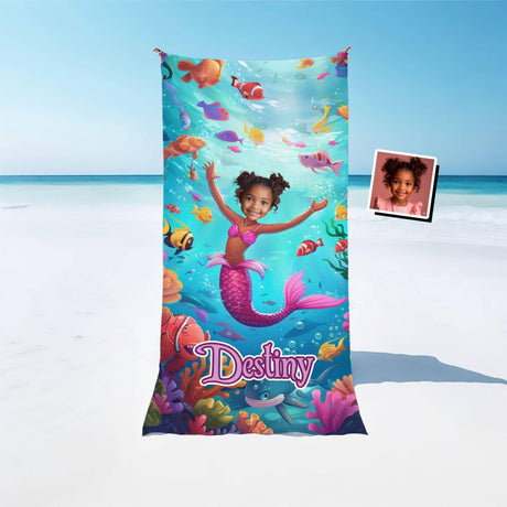 Personalized face & Name Fashion Doll Pink Doll Mermaid Girl Beach Towel