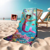 Personalized face & Name Fashion Doll Pink Doll Mermaid Girl Beach Towel