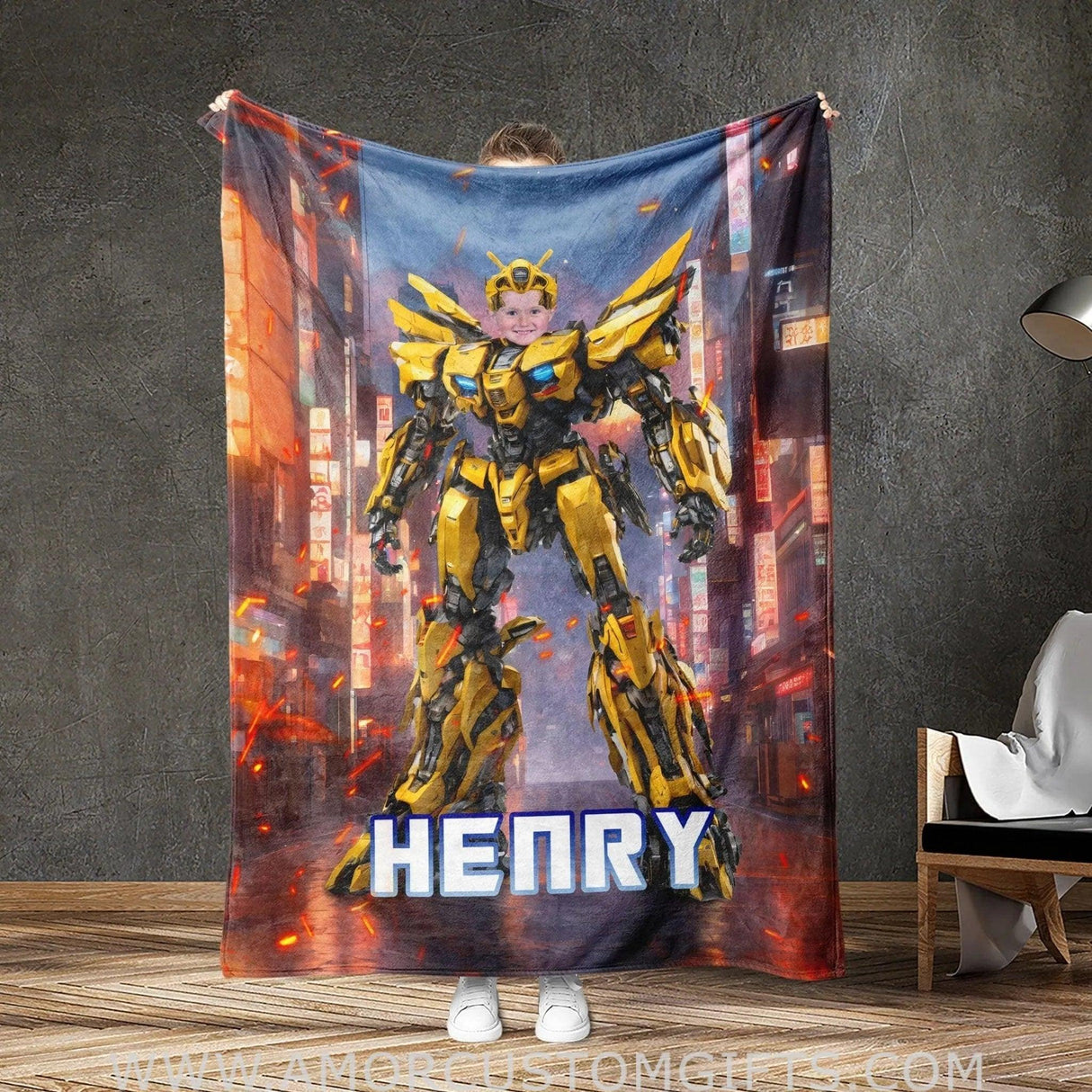 Blankets Bumblebee Yellow Robot 1 Blanket Custom Face & Name