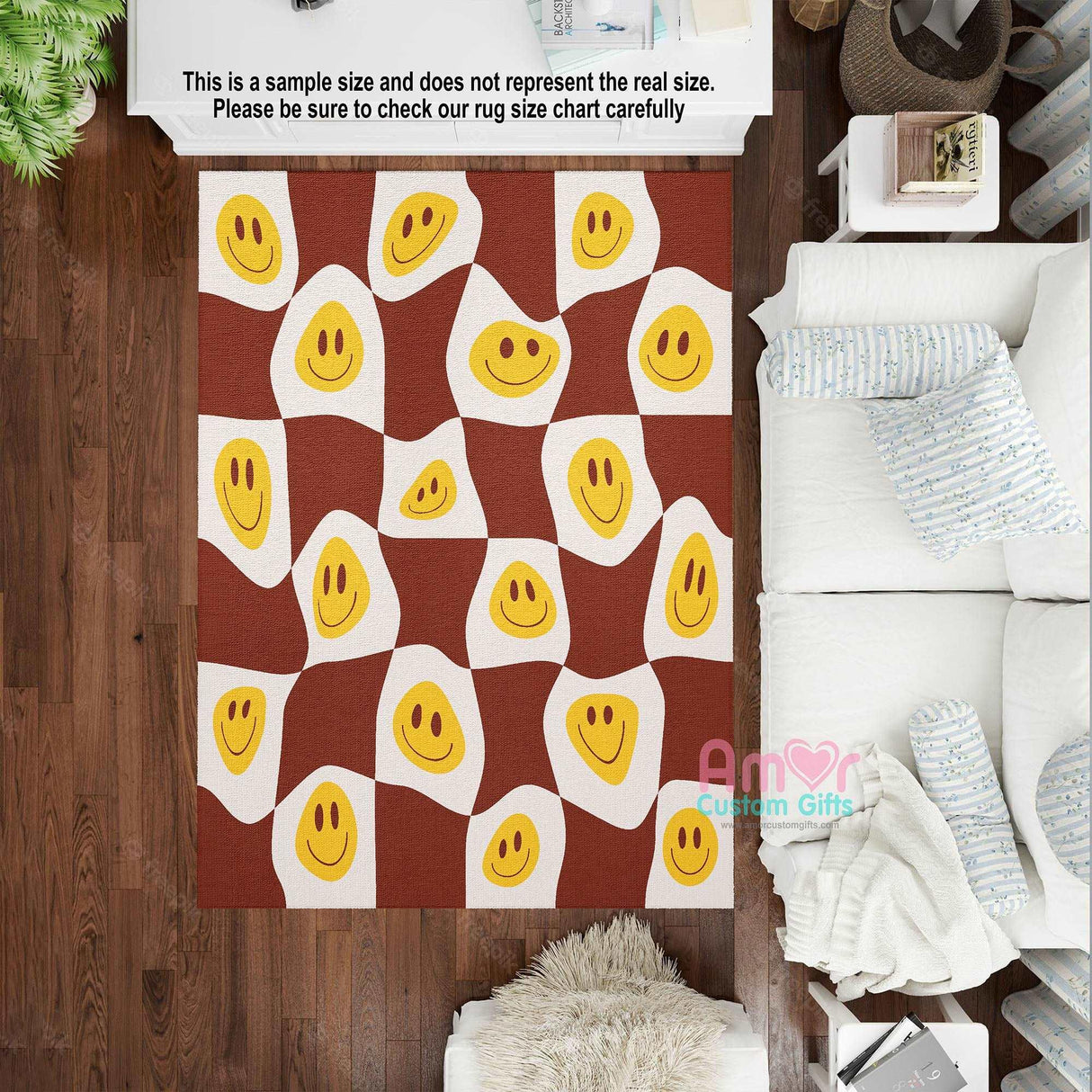 Mats & Rugs Caro Retro Smiley Face Checkerboard Rugs | Caro Smiley Face Retro Checkerboard Area Rug | Caro Smiley Face Retro Home Carpet, Mat, Home Decor