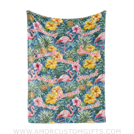 Blankets Custom Embroidered Flamingo Tropical Hawaii Flower Blanket