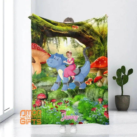 Blankets Custom Face Dragon Knight Girl Princess In Fairy Forest Blanket