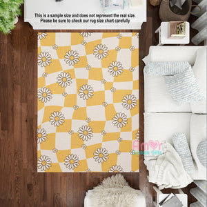 Mats & Rugs Orange Flower Retro Checkerboard Rugs | Orange Flower Retro Checkerboard Area Rug | Orange Flower Retro Home Carpet, Mat, Home Decor