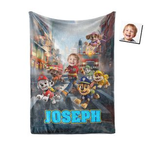 Custom Personalize Face & Name Dog Patrol Firefighter Boy Blanket-Blankets-Amor Custom Gifts