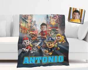 Custom Personalize Face & Name Dog Patrol Firefighter Boy Blanket-Blankets-Amor Custom Gifts