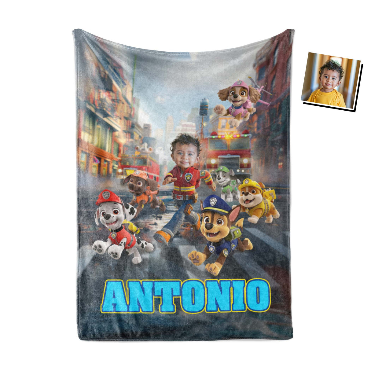 Custom Personalize Face & Name Dog Patrol Firefighter Boy Blanket-Blankets-Amor Custom Gifts