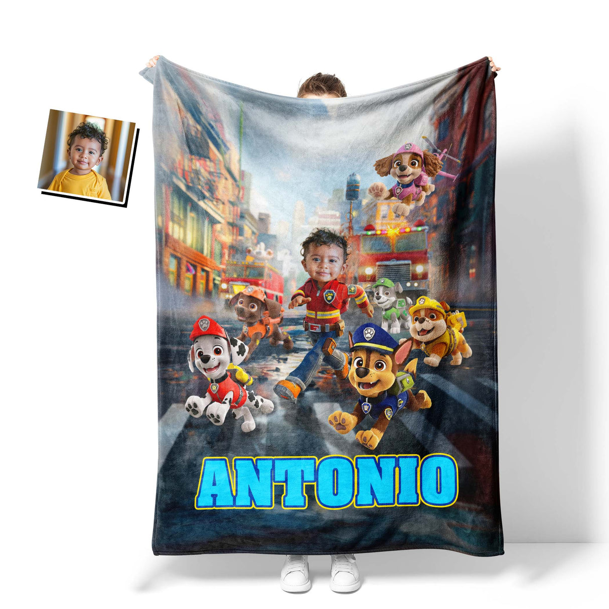 Custom Personalize Face & Name Dog Patrol Firefighter Boy Blanket-Blankets-Amor Custom Gifts