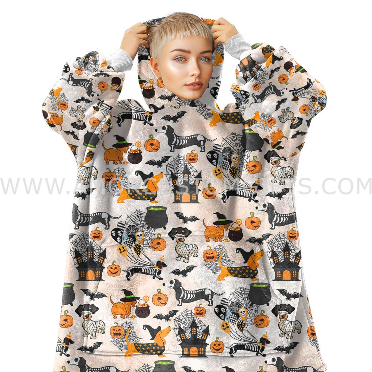 Custom Personalized Dachshund Dog Lover Halloween Snug Oversized Wearable Hoodie Blanket-Hoodie Blanket-Amor Custom Gifts