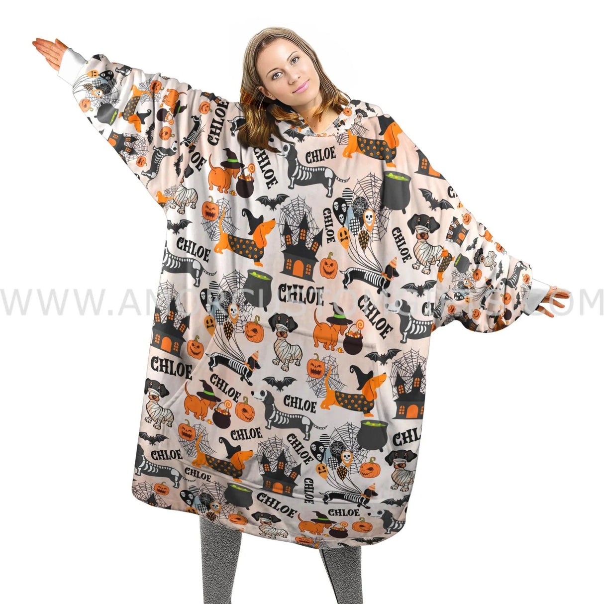 Custom Personalized Dachshund Dog Lover Halloween Snug Oversized Wearable Hoodie Blanket-Hoodie Blanket-Amor Custom Gifts