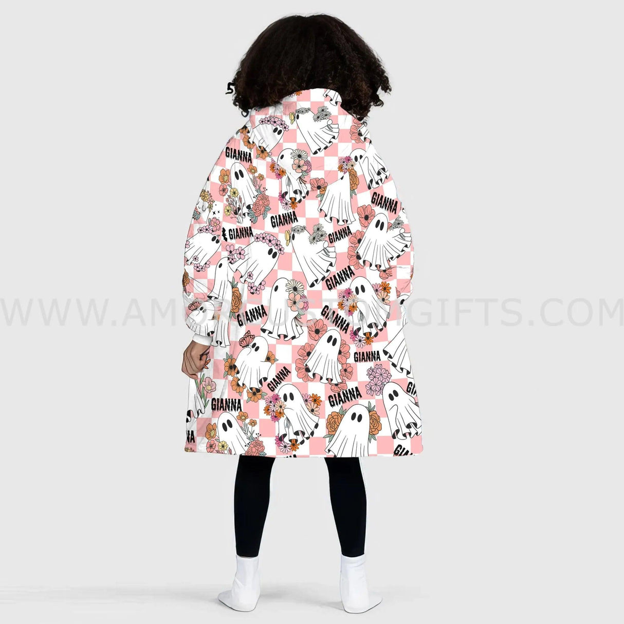 Custom Personalized Floral Cute Ghost Checkered Pattern Halloween Snug Oversized Wearable Hoodie Blanket-Hoodie Blanket-Amor Custom Gifts