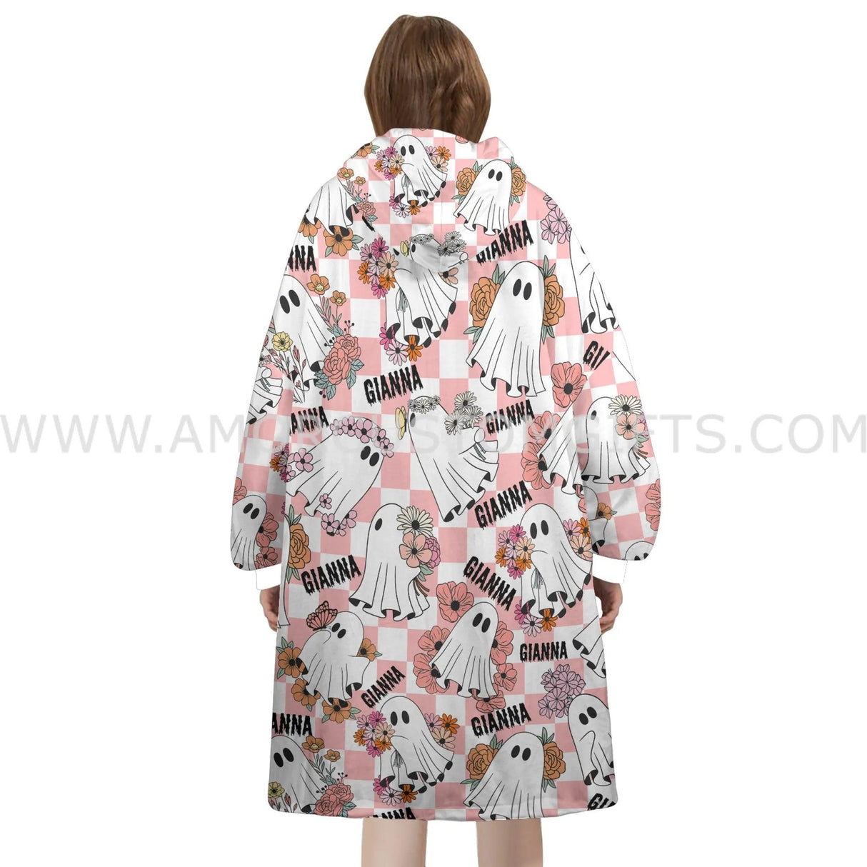 Custom Personalized Floral Cute Ghost Checkered Pattern Halloween Snug Oversized Wearable Hoodie Blanket-Hoodie Blanket-Amor Custom Gifts