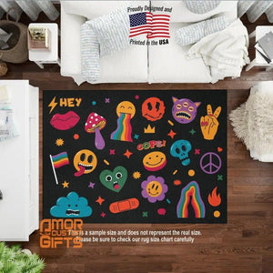 Mats & Rugs Retro Area Rugs | Cartoon Abstract Groovy Comic Emoji Rug | Retro Psychedelic Surreal Cartoon Carpet, Mat, Home Decor