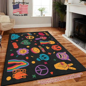 Mats & Rugs Retro Area Rugs | Cartoon Abstract Groovy Comic Emoji Rug | Retro Psychedelic Surreal Cartoon Carpet, Mat, Home Decor