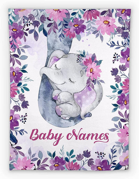 Blankets USA MADE Baby Girl Blankets, Swaddle for Newborn Purple Floral Elephant Baby Blanket