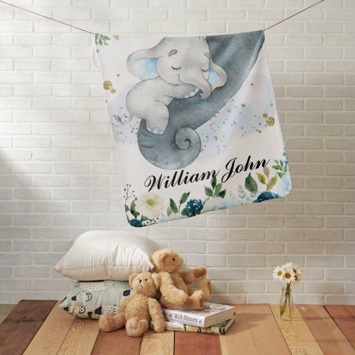 Blankets Blue Floral Elephant With Mom Name Baby Blanket, Baby Blanket with Name for Girls and boys, Best Gift for Baby