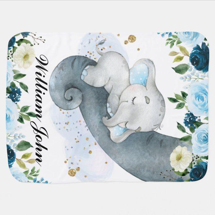 Blankets Blue Floral Elephant With Mom Name Baby Blanket, Baby Blanket with Name for Girls and boys, Best Gift for Baby