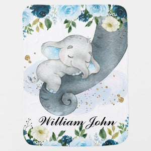 Blankets Blue Floral Elephant With Mom Name Baby Blanket, Baby Blanket with Name for Girls and boys, Best Gift for Baby