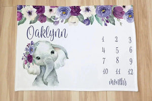 Blankets USA MADE Floral elephant Baby Milestone Blanket,  Newborn Animal blanket