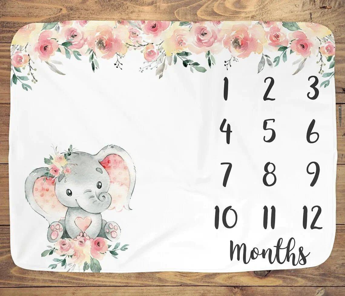 Blankets USA MADE Floral elephant Baby Milestone Blanket,  Newborn Animal blanket