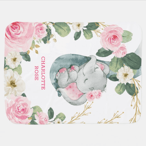 Blankets Sweet Pink Floral Sleeping Elephant Girl Baby Blanket, Baby Blanket with Name for Girls, Gift for Baby