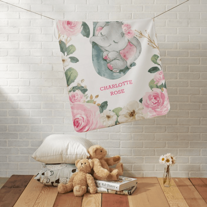 Blankets Sweet Pink Floral Sleeping Elephant Girl Baby Blanket, Baby Blanket with Name for Girls, Gift for Baby