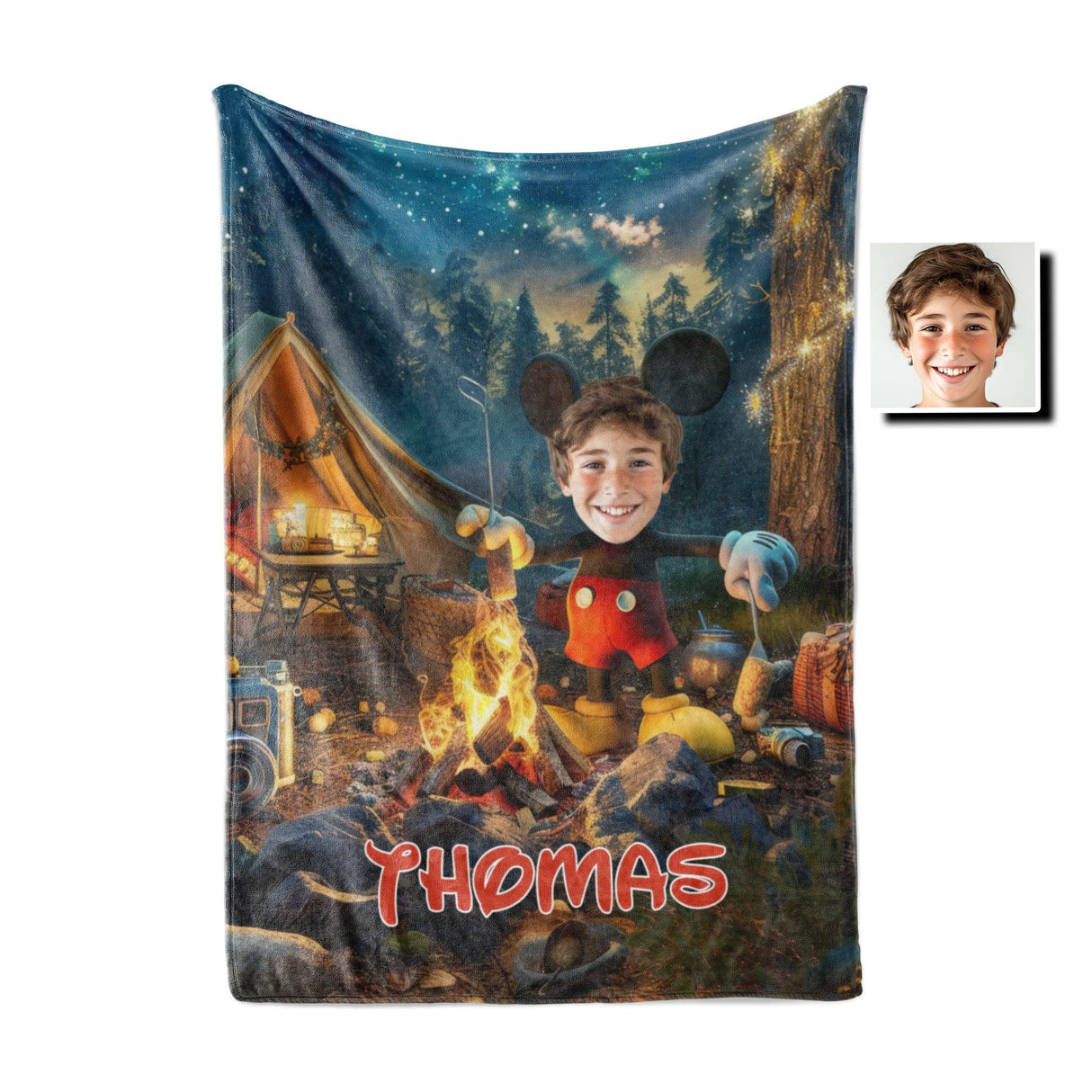 Personalized Face & Name Cartoon Mouse Cosplay Camping Blanket