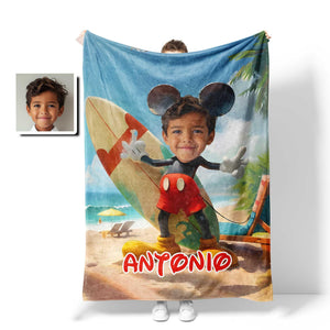 Personamized Face & Name Cartoon Mouse Cosplay Summer Beach Surfing Boy Blanket