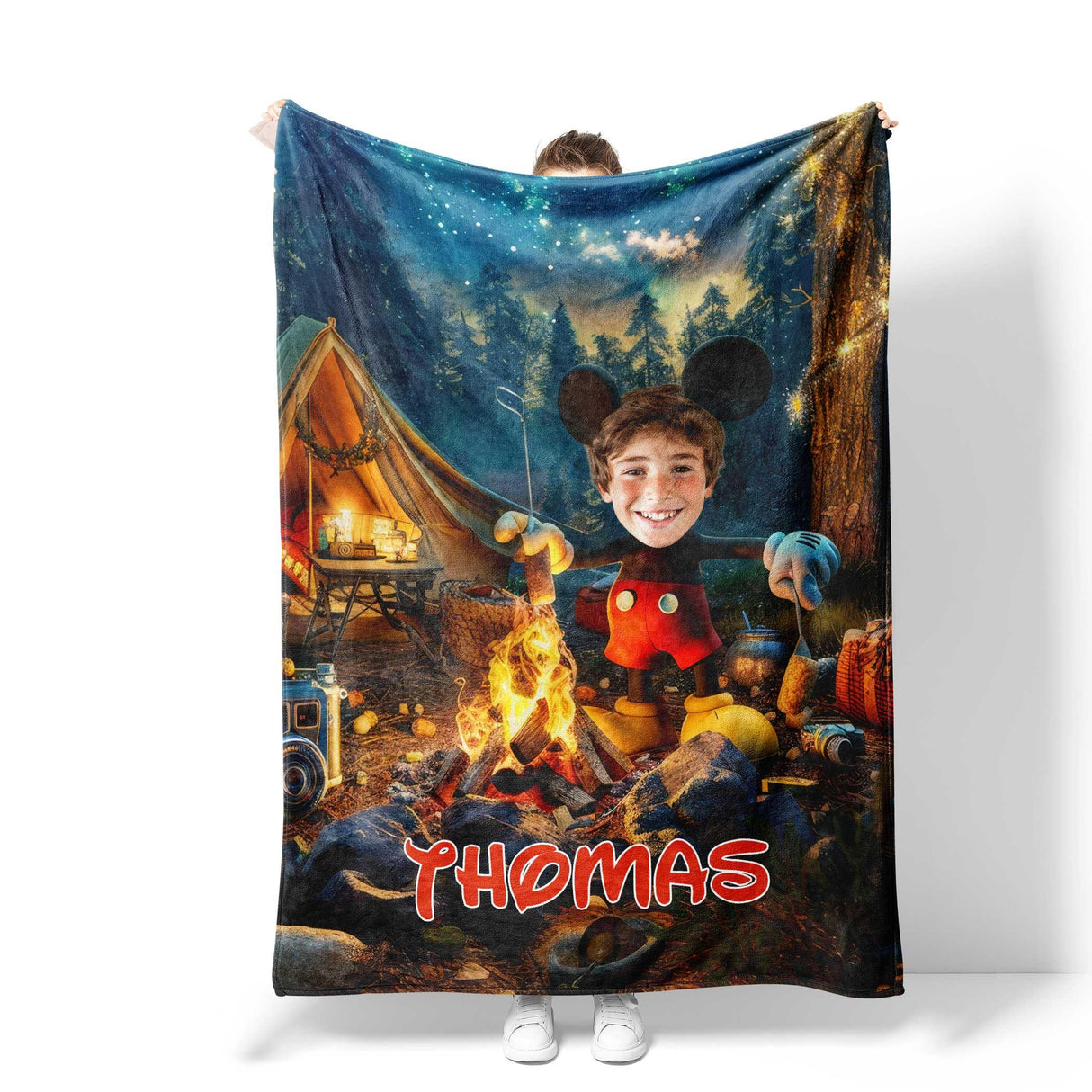 Personalized Face & Name Cartoon Mouse Cosplay Camping Blanket