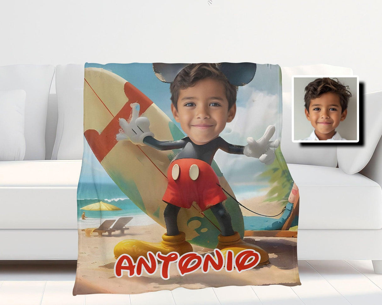 Personamized Face & Name Cartoon Mouse Cosplay Summer Beach Surfing Boy Blanket