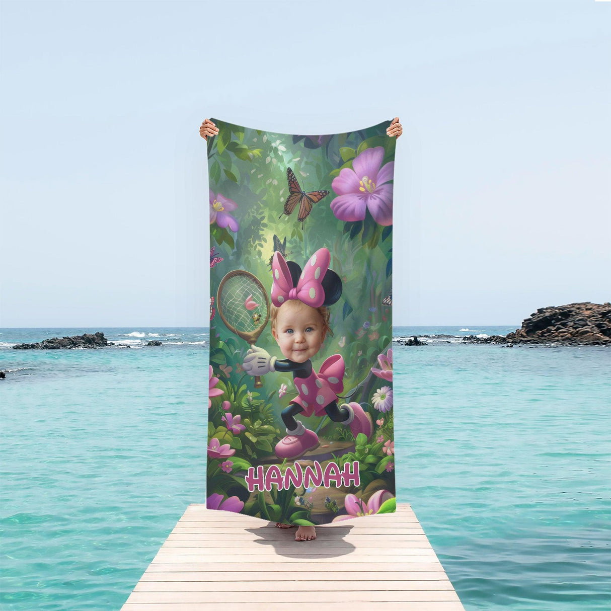 Custom Face & Name Cartoon Mouse's Cosplay Butterfly Garden Girl Beach Towel