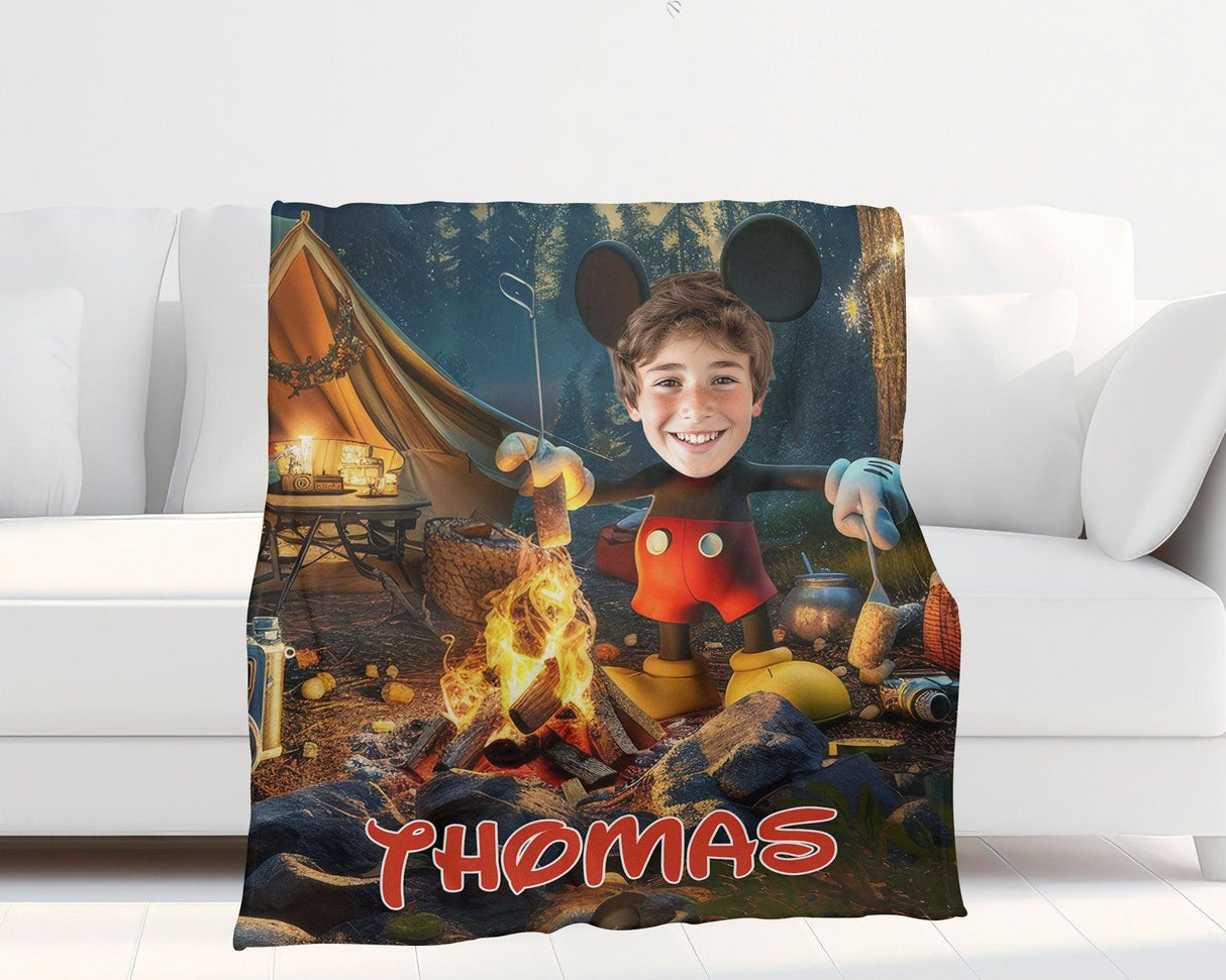 Personalized Face & Name Cartoon Mouse Cosplay Camping Blanket