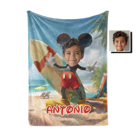 Personamized Face & Name Cartoon Mouse Cosplay Summer Beach Surfing Boy Blanket