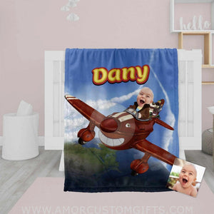 Blankets Personalized Adventures On The Red Plane Boy Blanket | Custom Face & Name Vehicle Boy Blanket