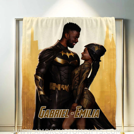 Blankets Personalized African Hispanic Superhero Couple Photo Blanket | Personalized Bat-themed Blanket