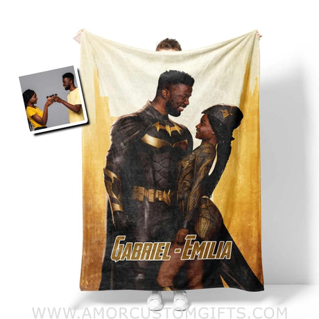 Blankets Personalized African Hispanic Superhero Couple Photo Blanket | Personalized Bat-themed Blanket