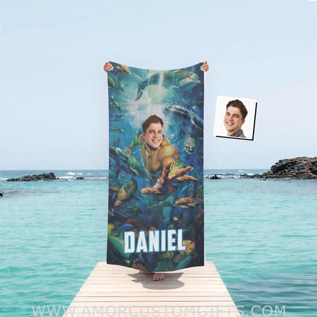 Personalized Aqua Boy Around Sea Animal Photo Beach Towel Towels