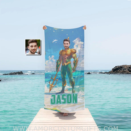 Personalized Aqua Boy Stand On The Beach Photo Towel Towels