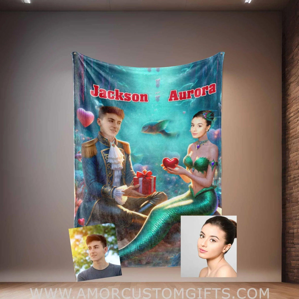 Blankets Personalized Ariel and Prince Eric Blanket | Custom Face & Name Couple Blanket