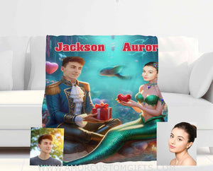 Blankets Personalized Ariel and Prince Eric Blanket | Custom Face & Name Couple Blanket